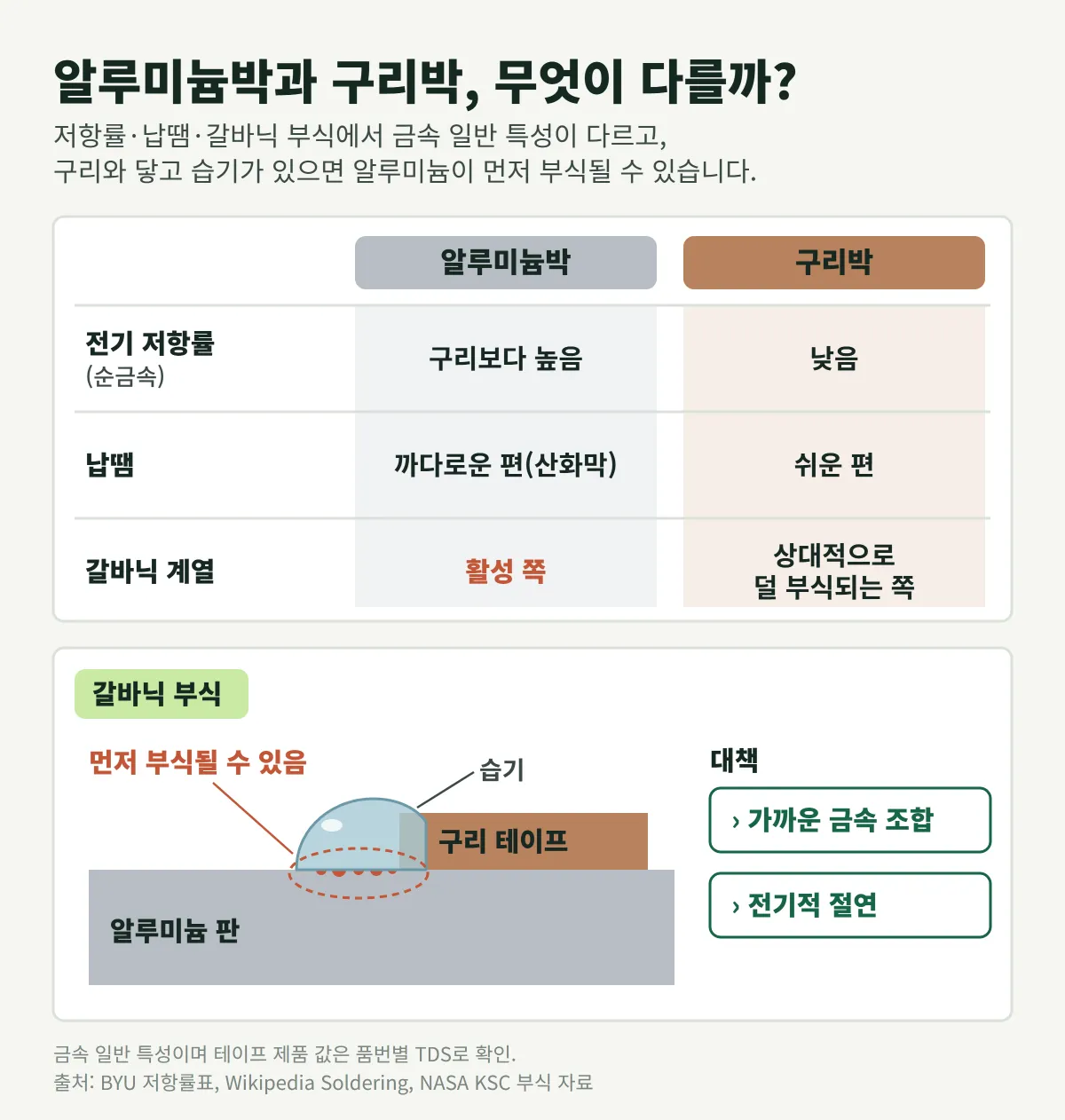 알루미늄박과 구리박은 저항률·납땜·갈바닉 부식에서 금속 일반 특성이 다르고, 구리와 닿고 습기가 있으면 알루미늄이 먼저 부식될 수 있습니다.