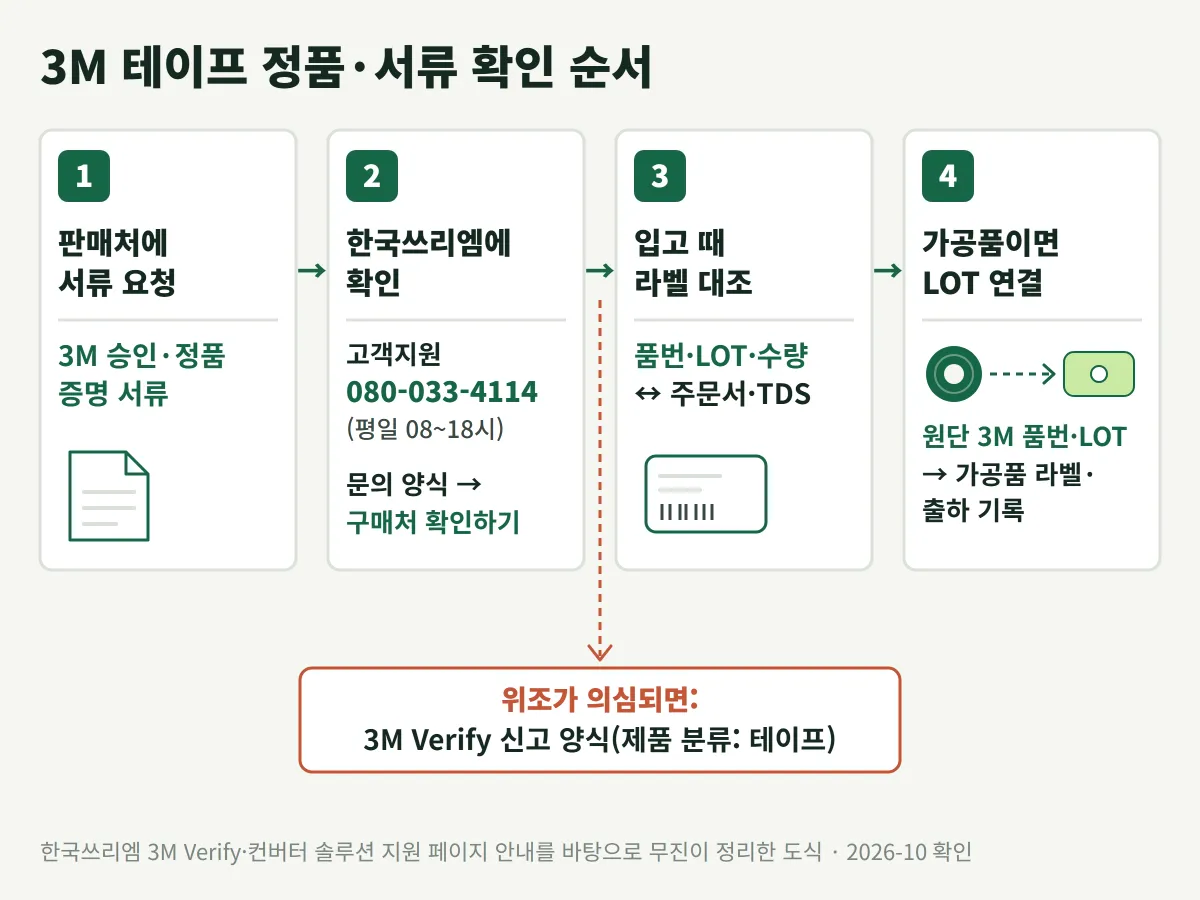 정품은 판매처 서류 요청, 한국쓰리엠 확인, 입고 라벨 대조, 가공품 LOT 연결 순서로 확인한다