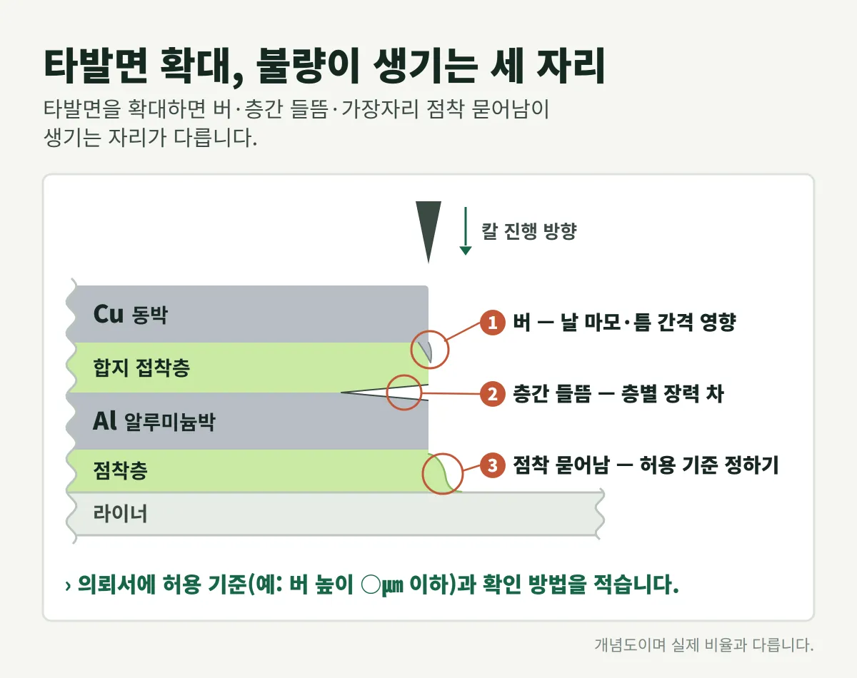 타발면을 확대하면 버·층간 들뜸·가장자리 점착 묻어남이 생기는 자리가 다릅니다.