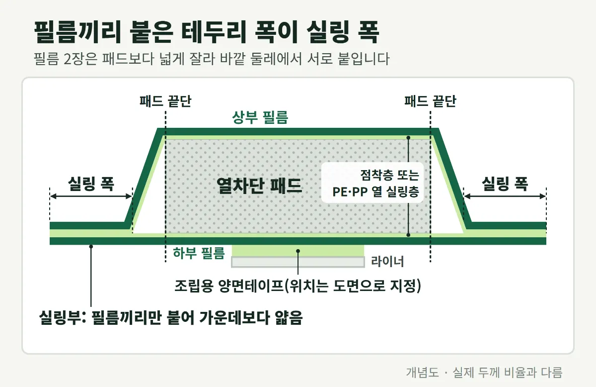 필름 2장은 패드보다 넓게 잘라 바깥 둘레에서 서로 붙이고, 그 붙은 폭이 실링 폭입니다.