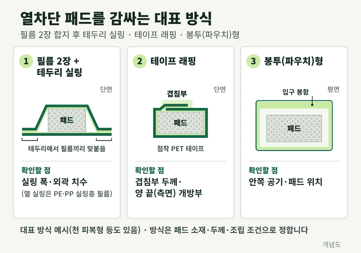 열차단 패드를 감싸는 대표적인 방식으로 필름 2장 합지 후 테두리 실링, 테이프 래핑, 봉투(파우치)형이 있습니다.